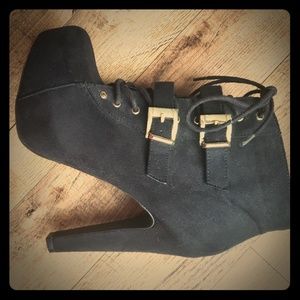NEW black suede heeled boots w/ gold buckles